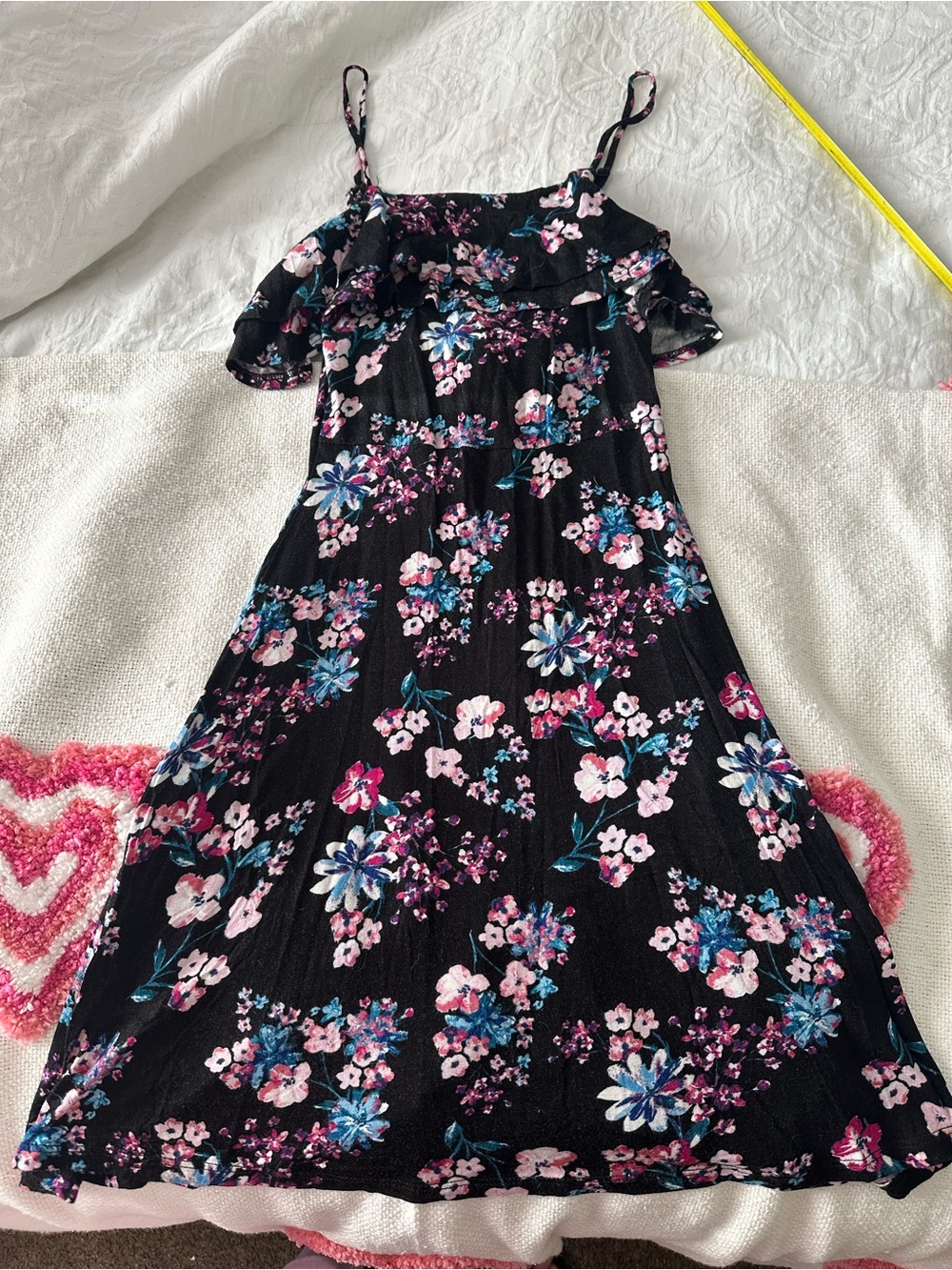Pink Republic Black Floral Cold-Shoulder Sundress with Pink & Blue Flowers